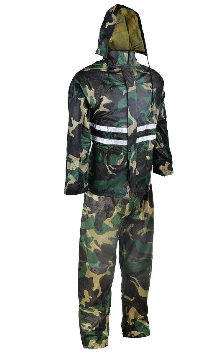 A safe, versatile, and durable camouflage hiking raincoat featuring high-visibility reflective elements.