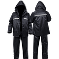 Safe, versatile, durable, and highly visible (reflective) black hiking raincoat.