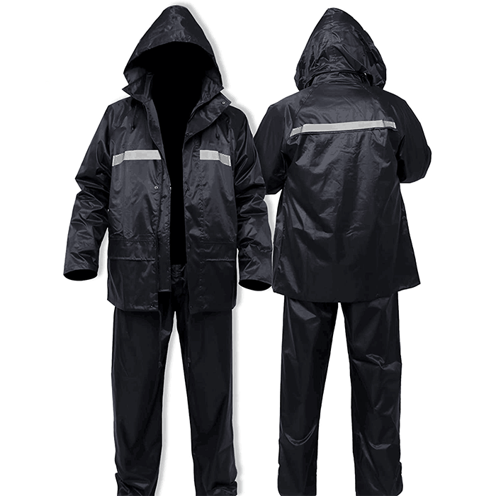 Safe, versatile, durable, and highly visible (reflective) black hiking raincoat.