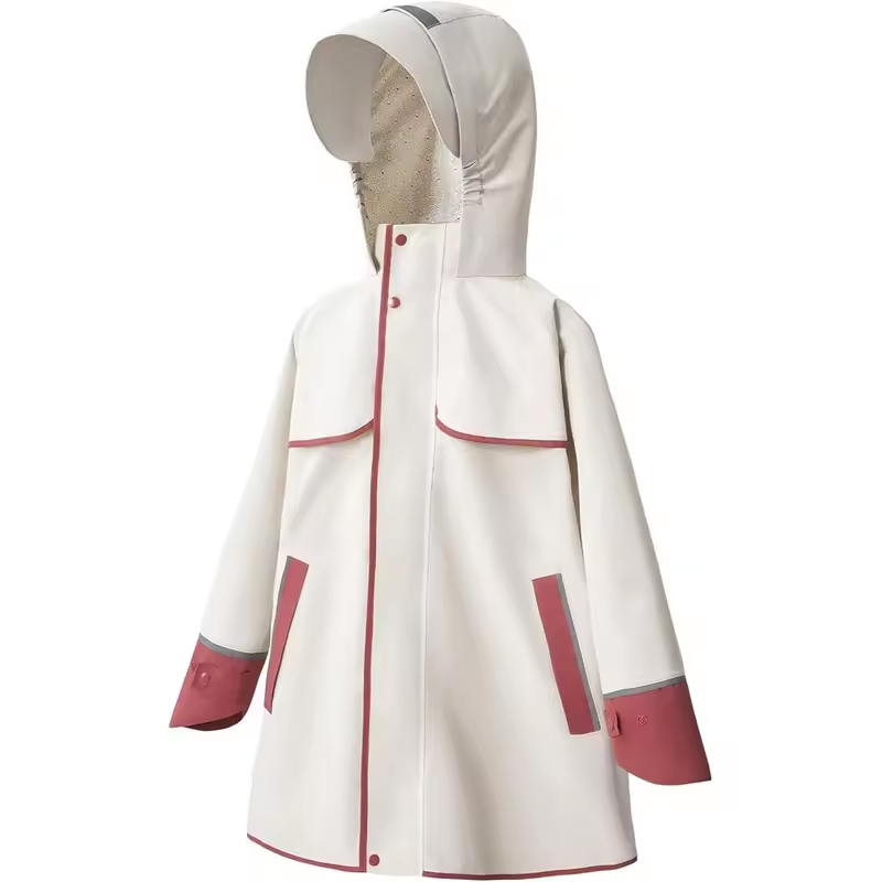 Safe, versatile, durable, and highly visible (reflective) hiking raincoat in off-white.